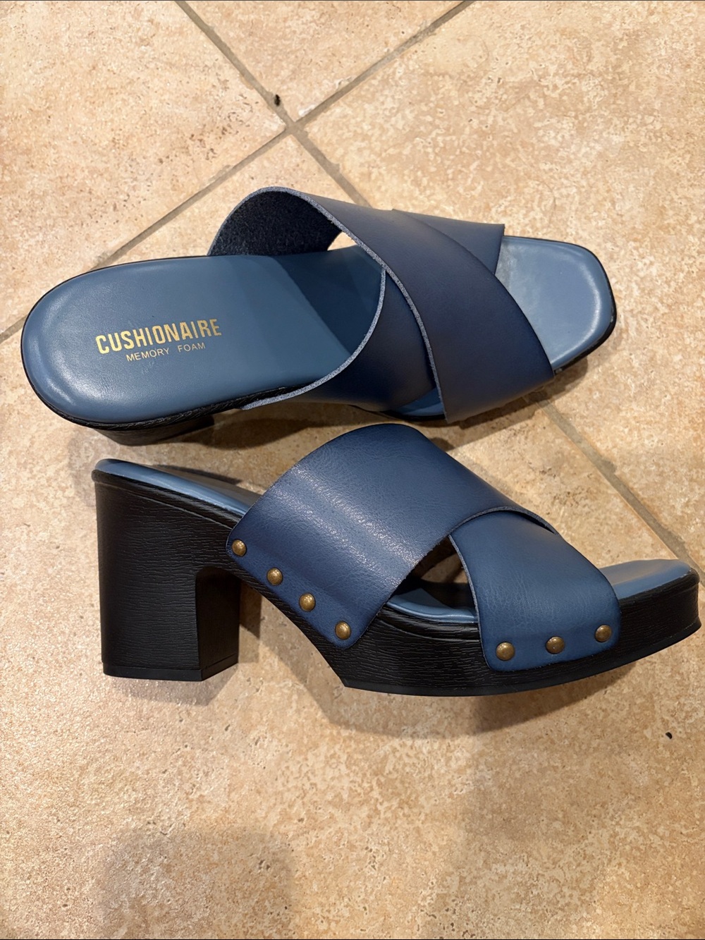 Cushionaire blue Cross-Strap Block Heel Sandals for Women